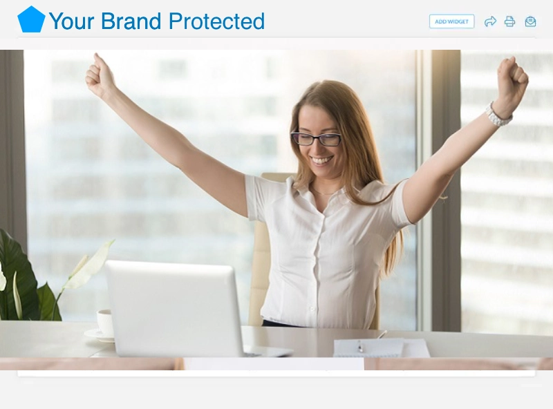 A business owner, sitting at a desk, looking at a laptop screen with a Happy expression. The screen displays a variety of online reviews and ratings, with a lot more Mostly positive and fewer negative comments visible.